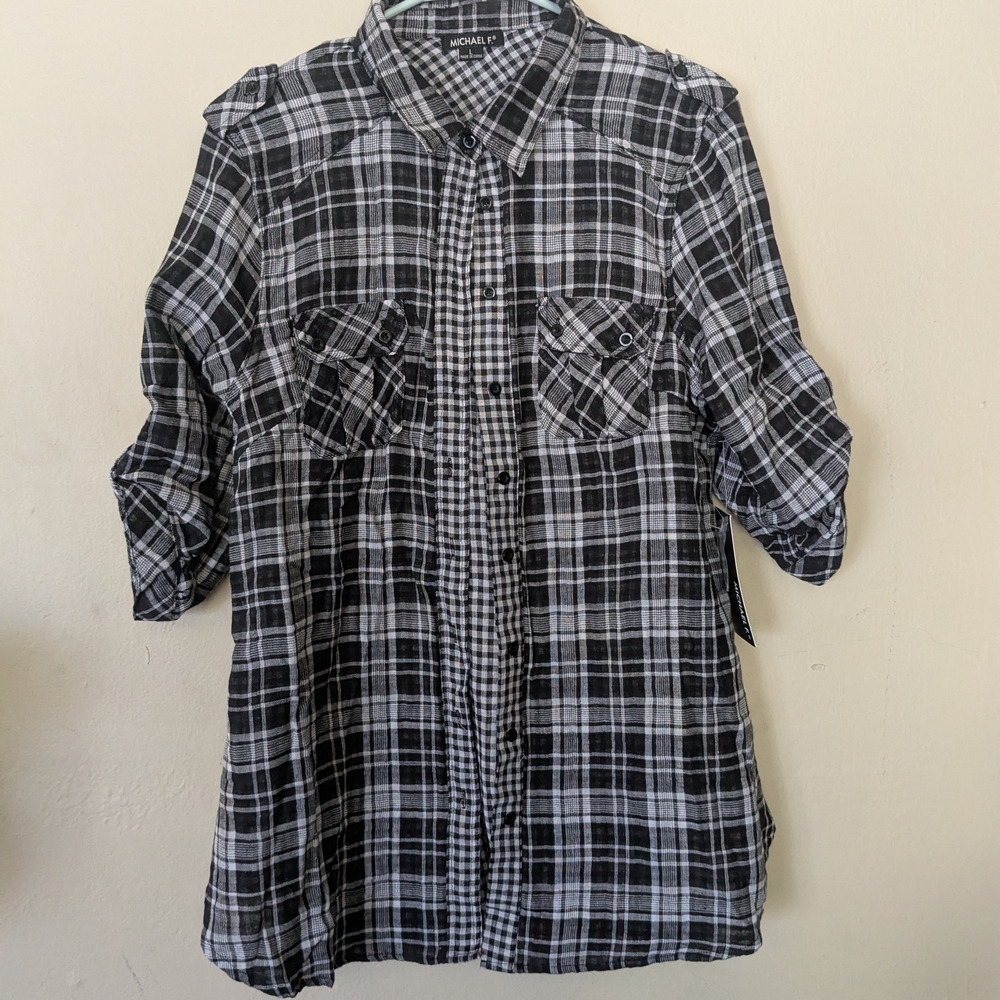 Michael F. Black and White Plaid Button Down Shirt